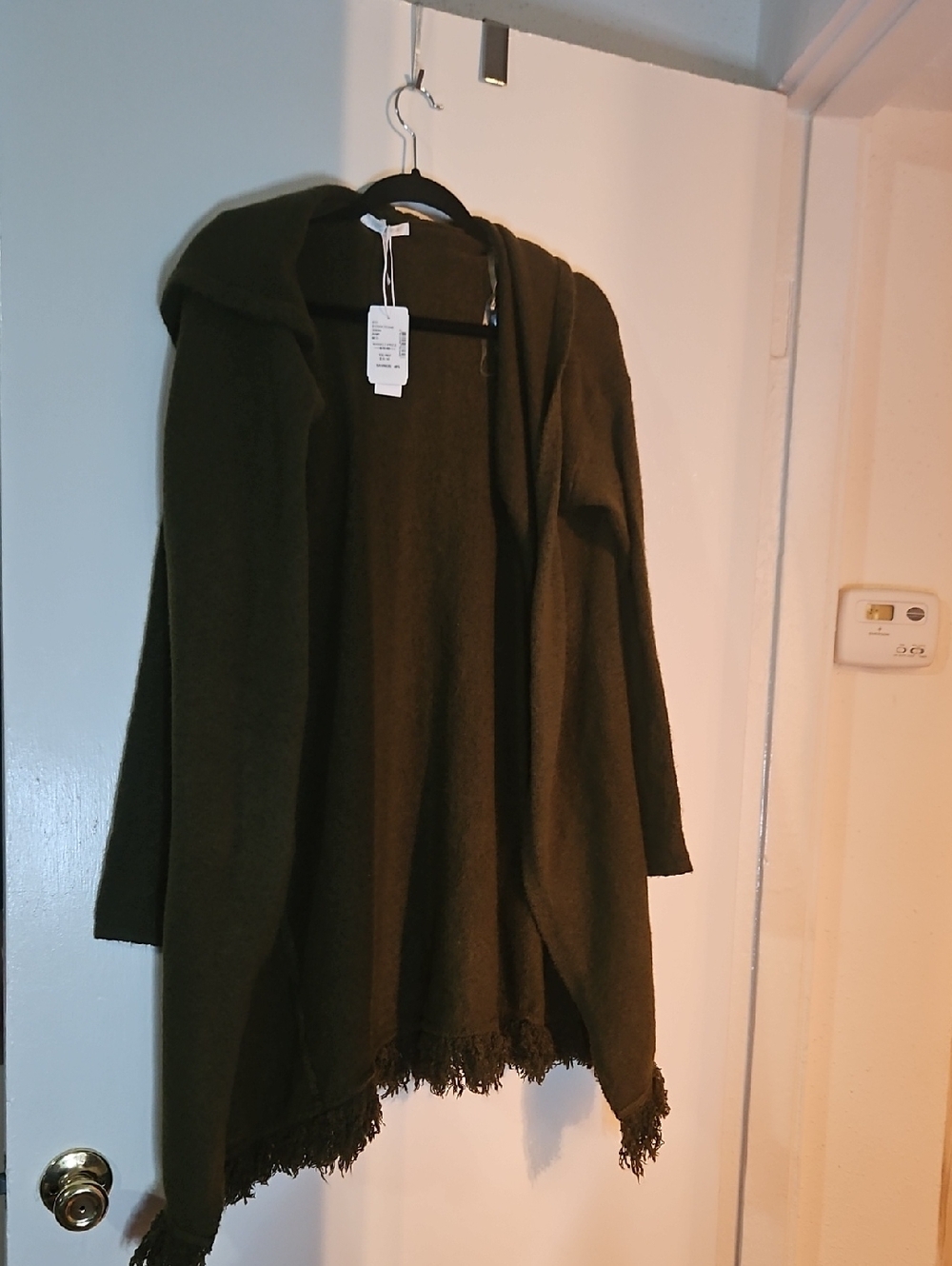 Hooded Fringe Open-Front Cardigan Sweater in Olive Green